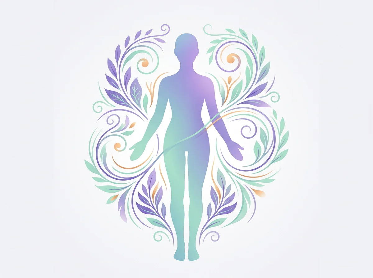 Abstract botanical wellness illustration with flowing plant motifs - everyday energy and vitality